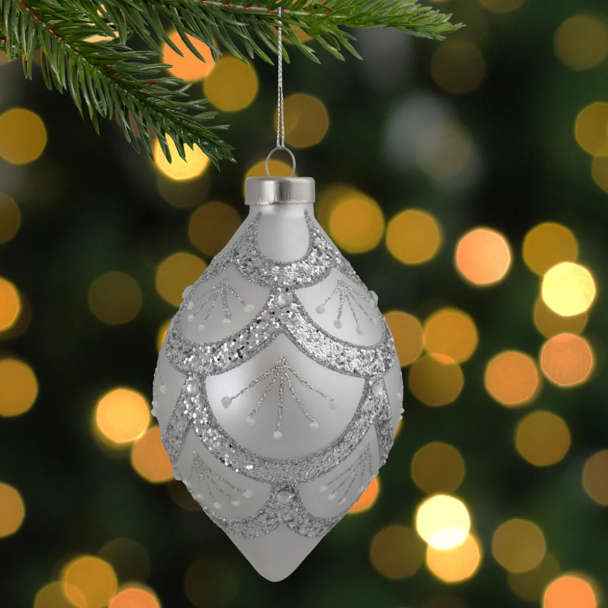 5" Silver Glitter Cosmoid Finial Glass Christmas Ornament