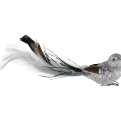 8" Silver Glitter Embellished Bird with Clip and Feathers Christmas Ornament