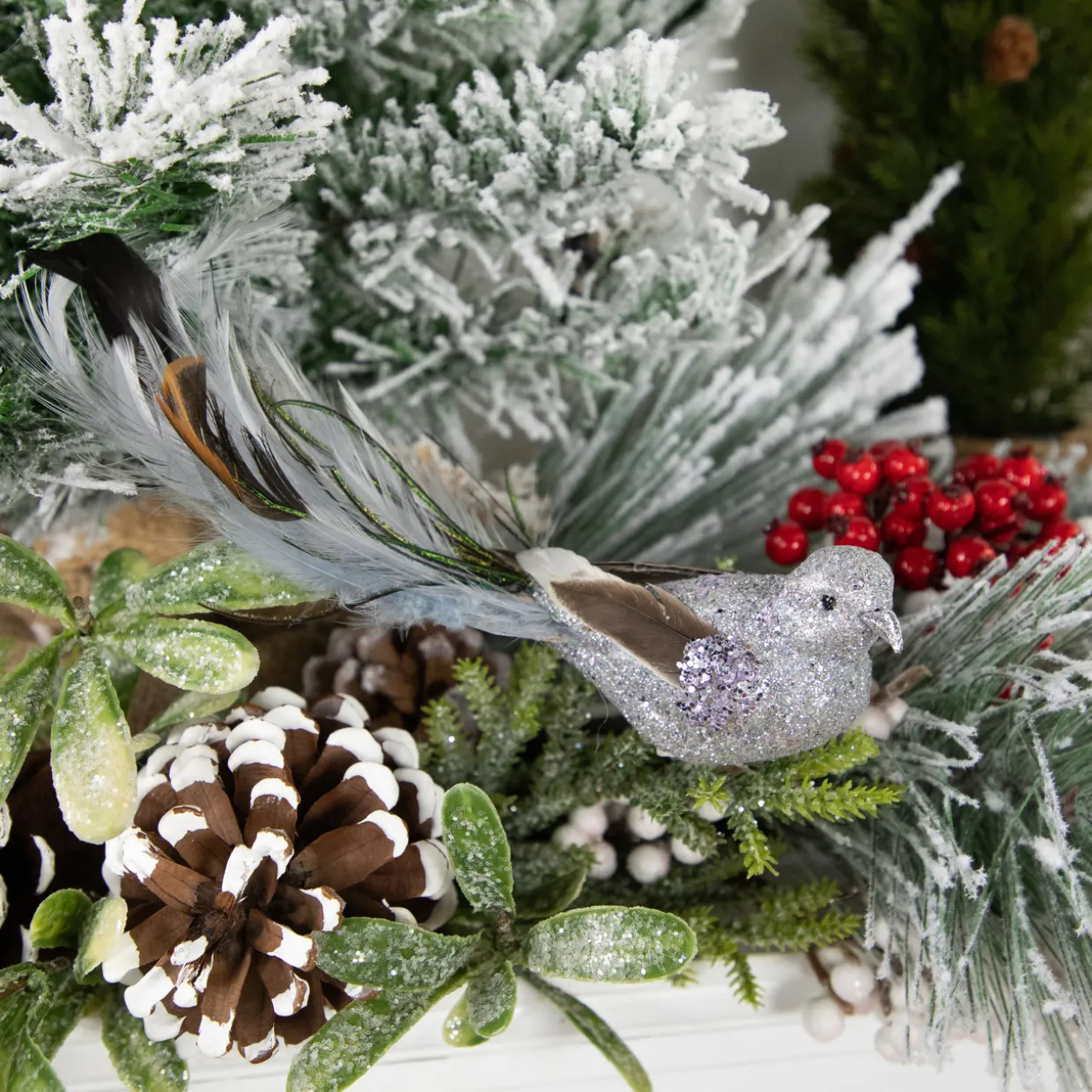 8" Silver Glitter Embellished Bird with Clip and Feathers Christmas Ornament