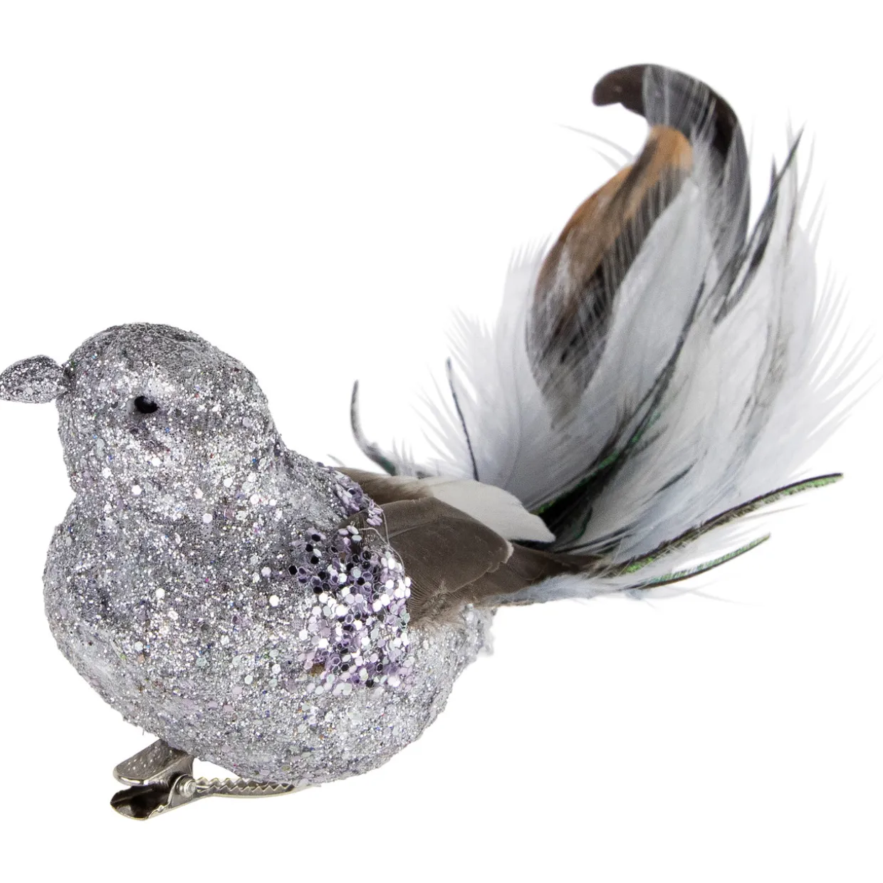 8" Silver Glitter Embellished Bird with Clip and Feathers Christmas Ornament