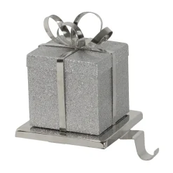 5.5" Silver Glitter Gift Box with Bow Christmas Metal Stocking Holder
