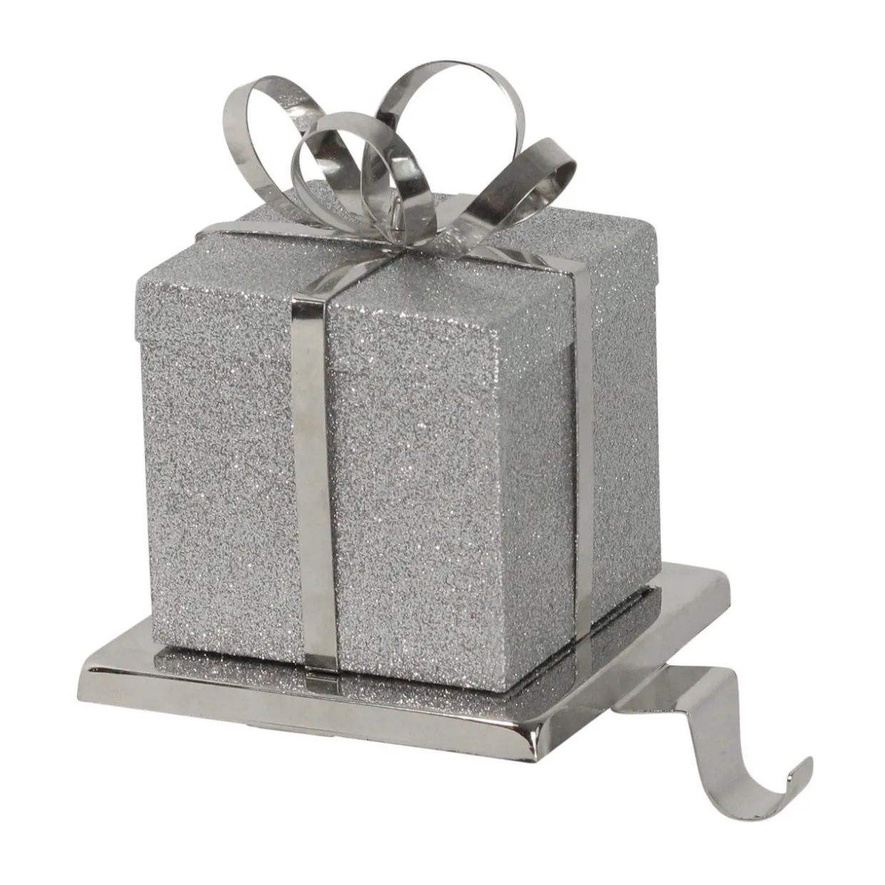 5.5" Silver Glitter Gift Box with Bow Christmas Metal Stocking Holder