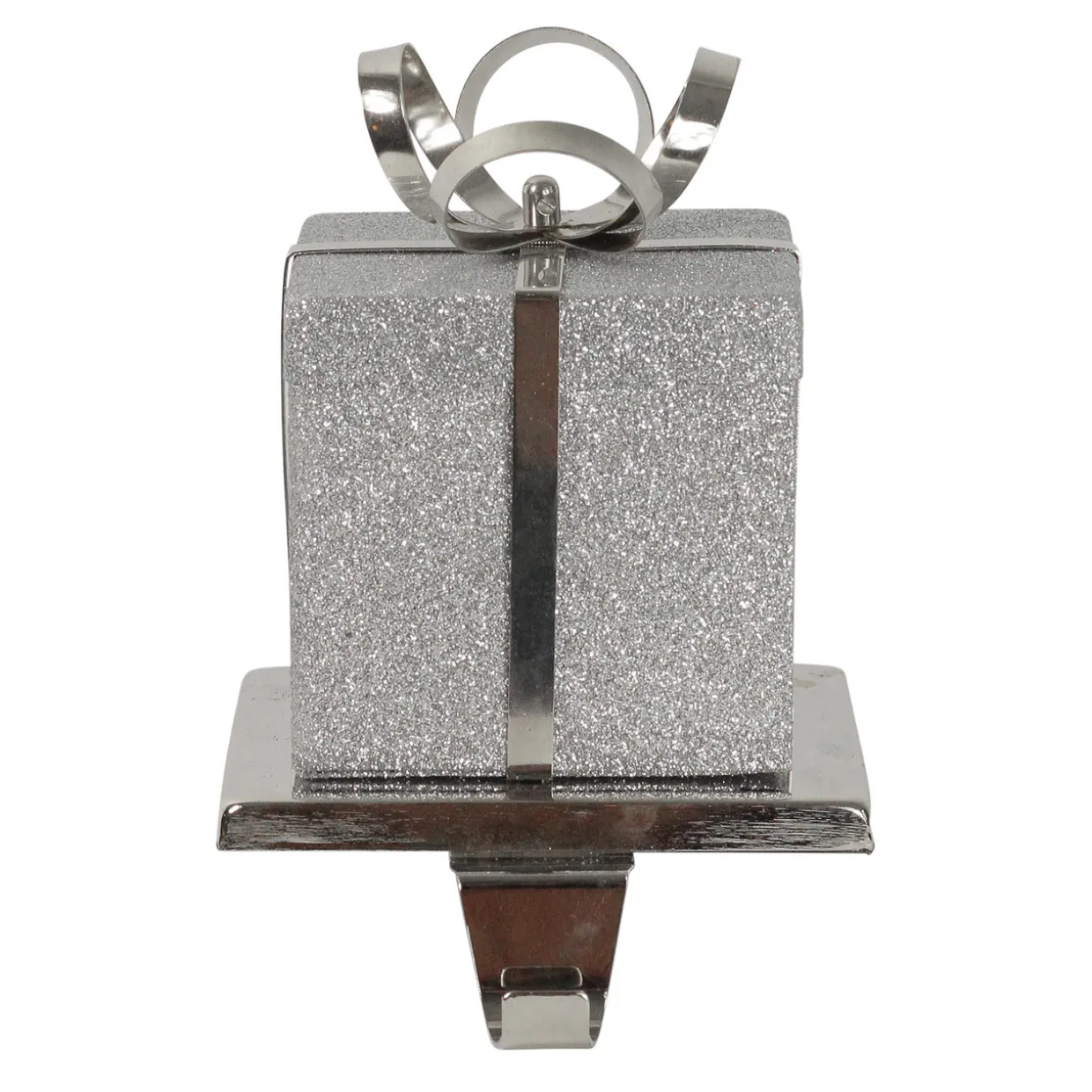5.5" Silver Glitter Gift Box with Bow Christmas Metal Stocking Holder