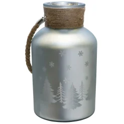 12" Silver Matte Christmas Trees and Snowflakes Pillar Candle Holder with Handle