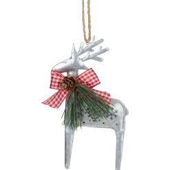 6.25" Silver Metal Reindeer Christmas Ornament with a Red Gingham Bowtie and Pine