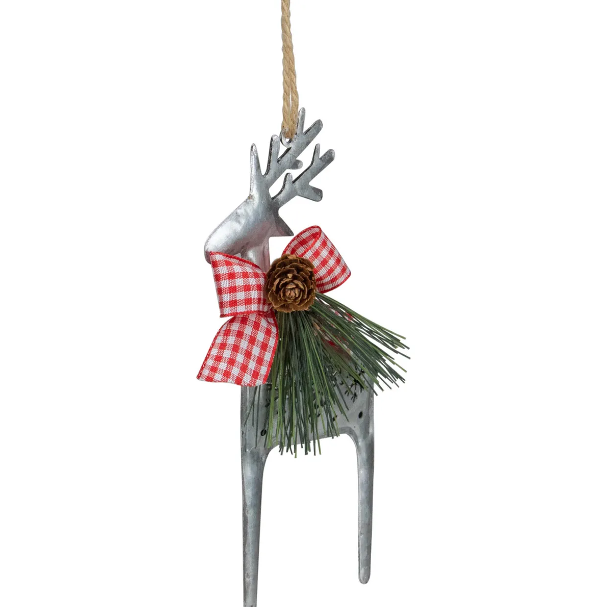6.25" Silver Metal Reindeer Christmas Ornament with a Red Gingham Bowtie and Pine