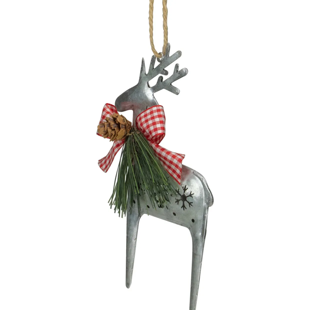 6.25" Silver Metal Reindeer Christmas Ornament with a Red Gingham Bowtie and Pine