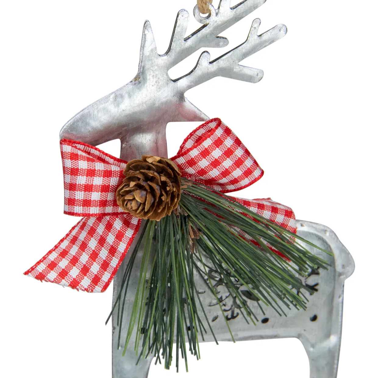 6.25" Silver Metal Reindeer Christmas Ornament with a Red Gingham Bowtie and Pine