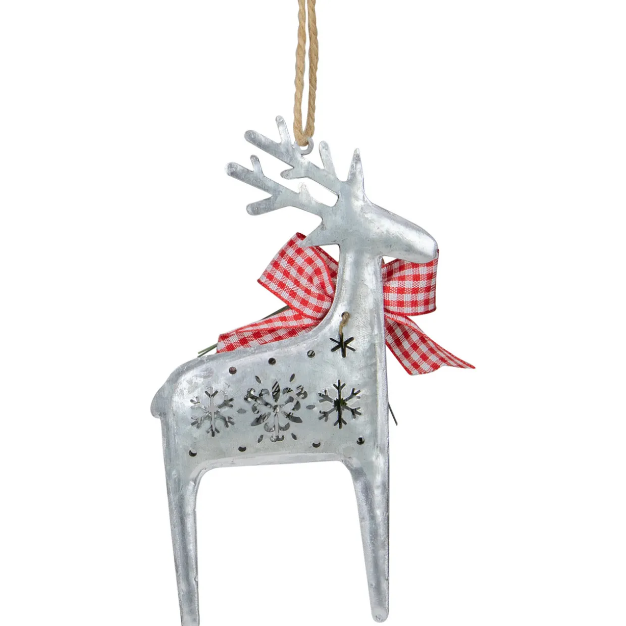 6.25" Silver Metal Reindeer Christmas Ornament with a Red Gingham Bowtie and Pine