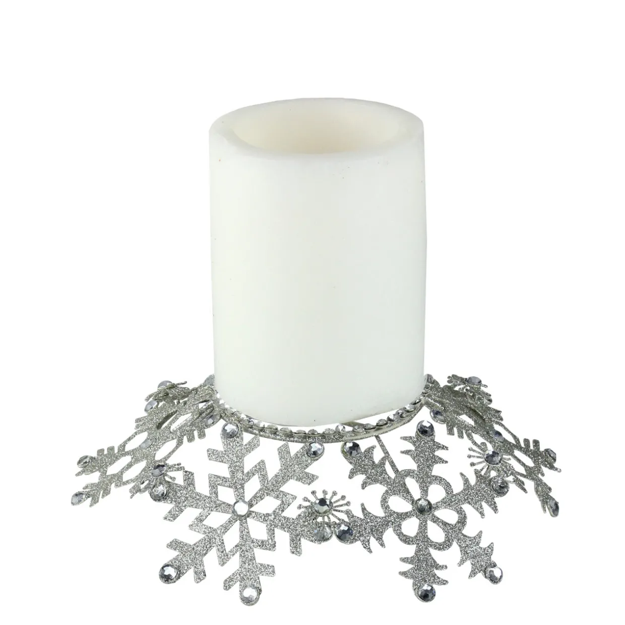 9" Silver Snowflake Glittered and Jeweled Christmas Pillar Candle Holder