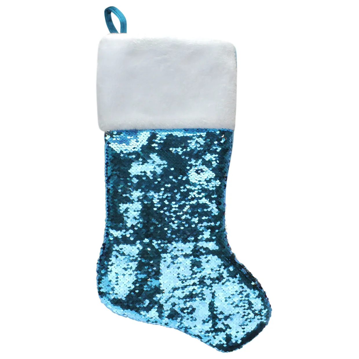 22.75" Sky Blue and Silver Reversible Sequined Christmas Stocking with Faux Fur Cuff