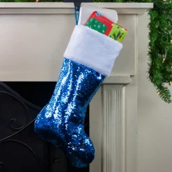 22.75" Sky Blue and Silver Reversible Sequined Christmas Stocking with Faux Fur Cuff