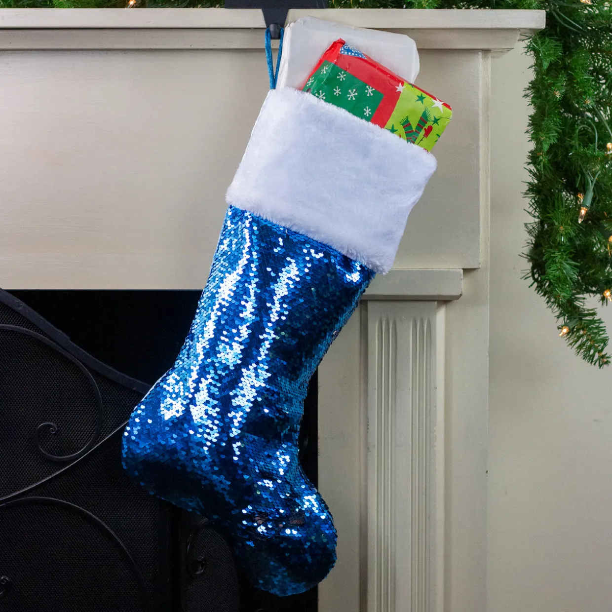 22.75" Sky Blue and Silver Reversible Sequined Christmas Stocking with Faux Fur Cuff
