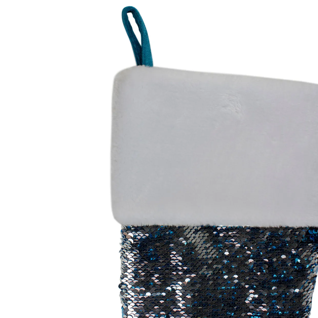 22.75" Sky Blue and Silver Reversible Sequined Christmas Stocking with Faux Fur Cuff