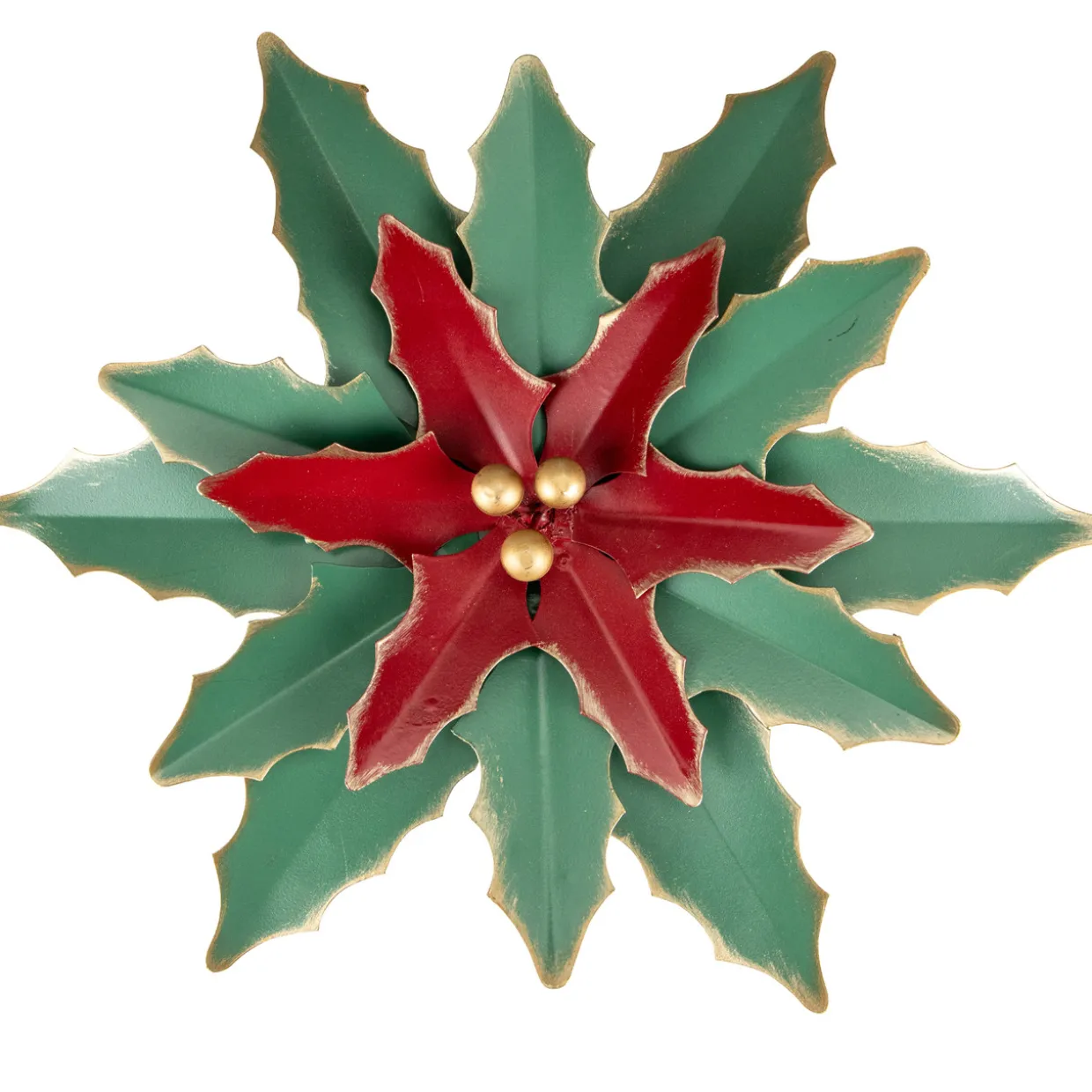 14" Small Green and Red Metal Poinsettia Christmas Wall Hanging