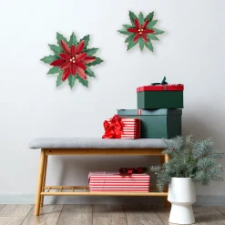 14" Small Green and Red Metal Poinsettia Christmas Wall Hanging