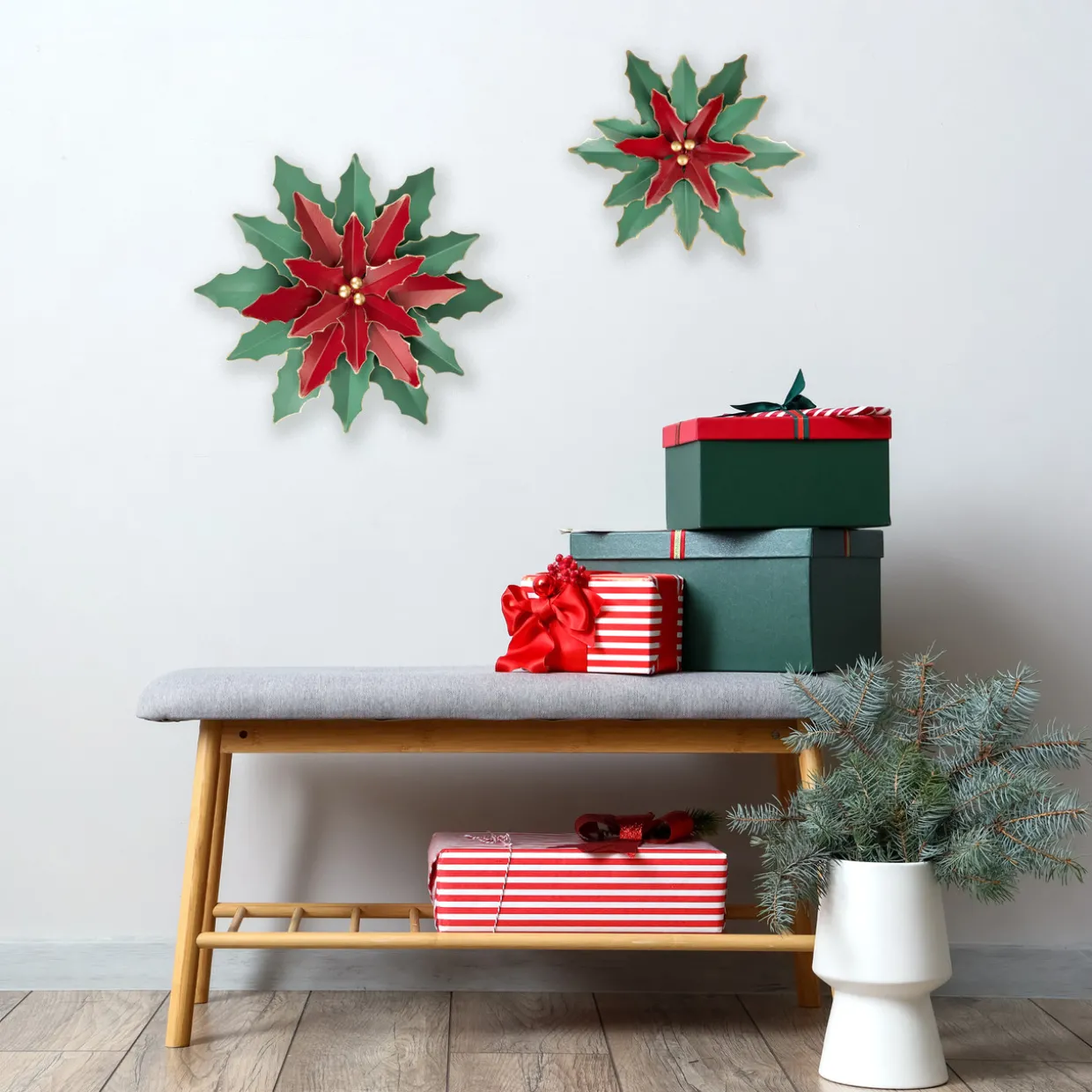 14" Small Green and Red Metal Poinsettia Christmas Wall Hanging