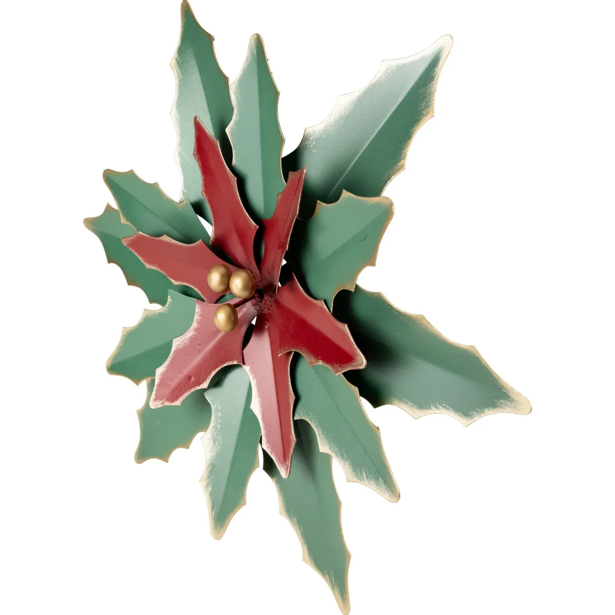 14" Small Green and Red Metal Poinsettia Christmas Wall Hanging