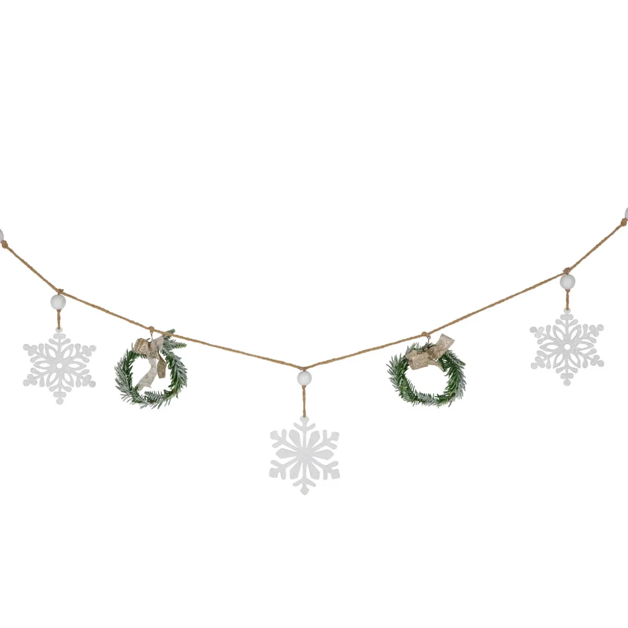 4.75" Snowflake and Frosted Pine Christmas Garland with Wooden Beads - Unlit