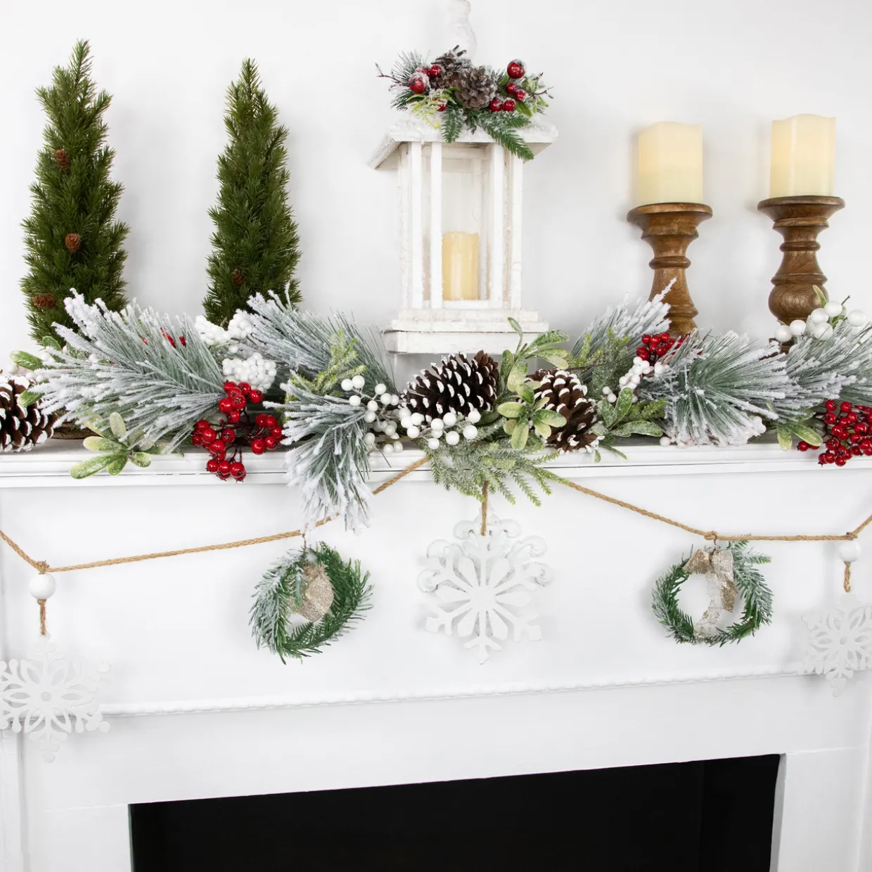 4.75" Snowflake and Frosted Pine Christmas Garland with Wooden Beads - Unlit