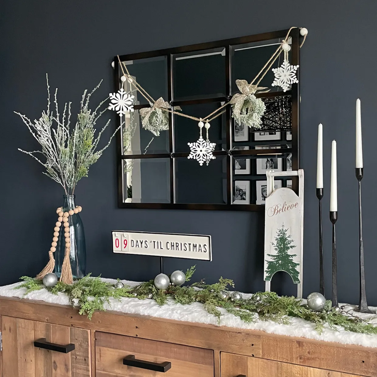 4.75" Snowflake and Frosted Pine Christmas Garland with Wooden Beads - Unlit