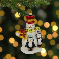 5.25" Snowman and Penguins Hanging Glass Christmas Ornament
