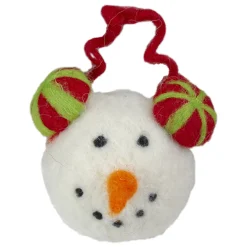 4" Snowmans Face Wearing Red and Green Striped Earmuffs Christmas Ornament