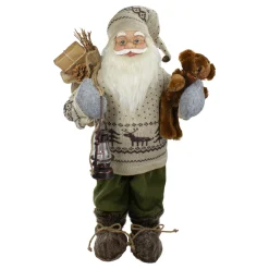 2' Standing Santa Christmas Figure with a Plush Bear and Lantern