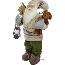 2' Standing Santa Christmas Figure with a Plush Bear and Lantern