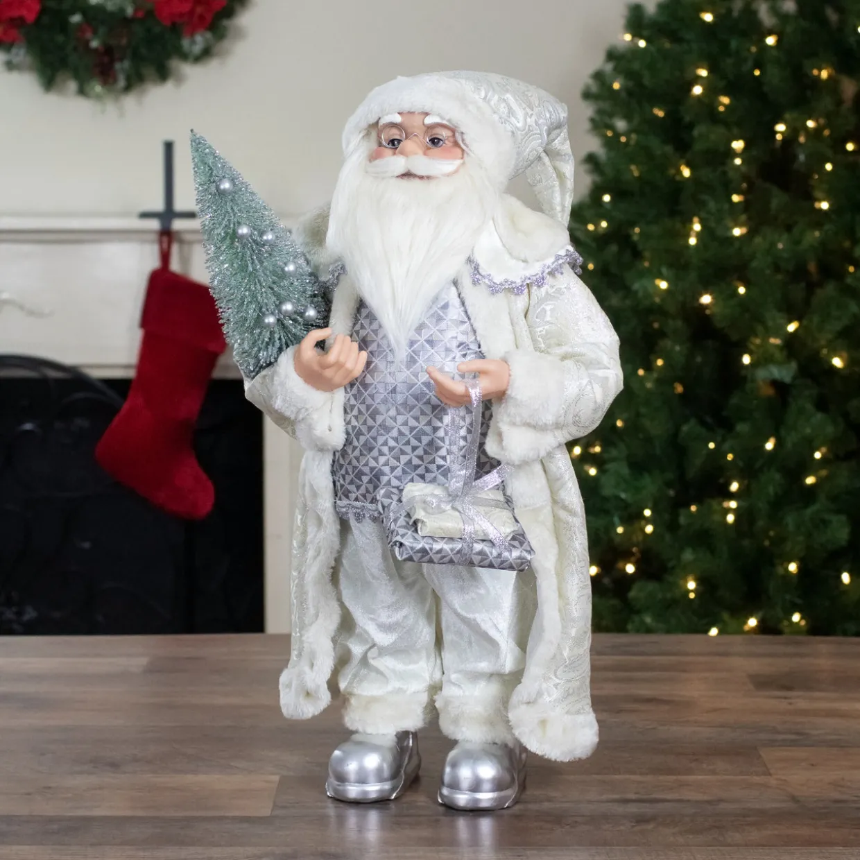 2' Standing Santa Christmas Figure Carrying a Green Pine Tree