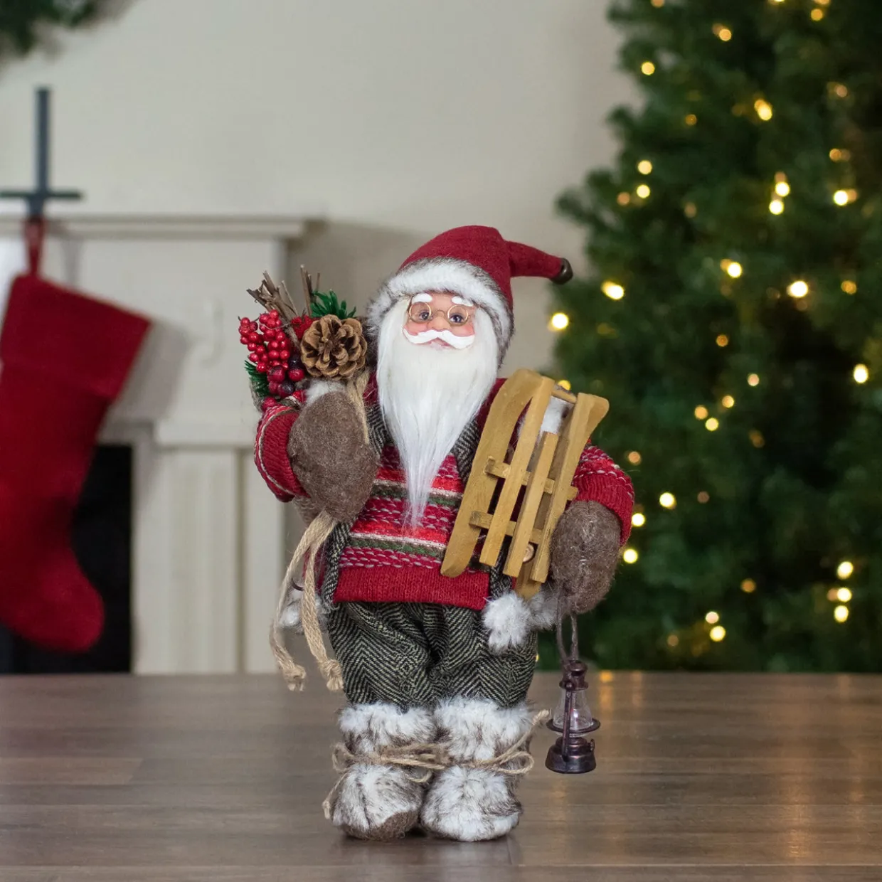 12" Standing Santa With a Sled and Lantern Christmas Figure