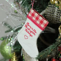 6.5" Tan and Red Embroidered Heart Stocking with Gingham Cuff Christmas Ornament