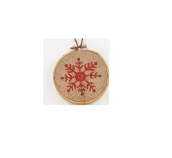 4.5" Tan and Red Embroidered Snowflake in Hoop Loom Christmas Ornament