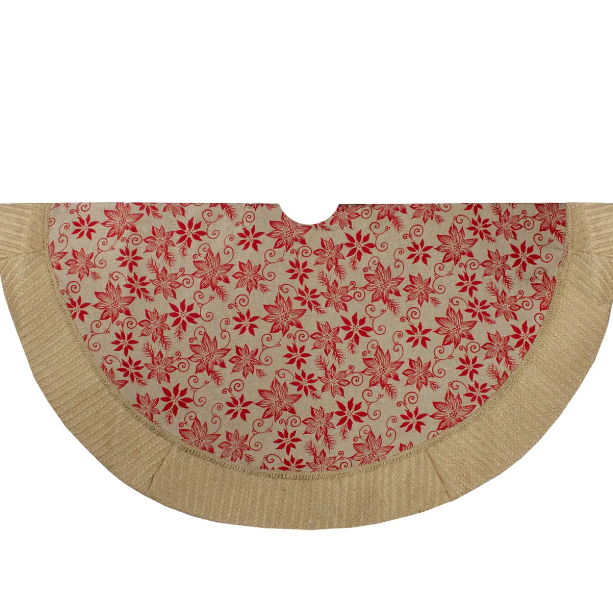 48" Tan and Red Rustic Burlap Poinsettia Christmas Tree Skirt