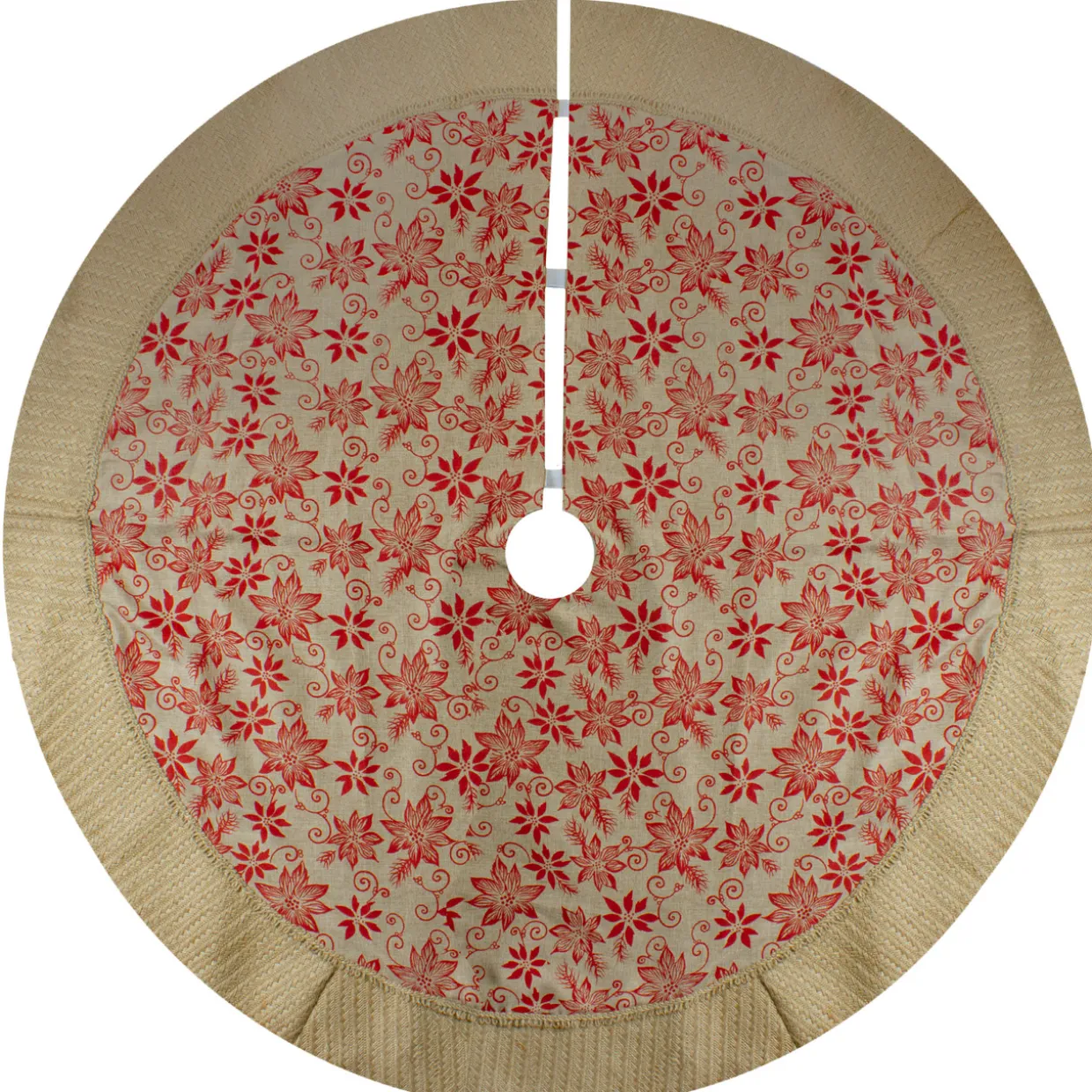 48" Tan and Red Rustic Burlap Poinsettia Christmas Tree Skirt