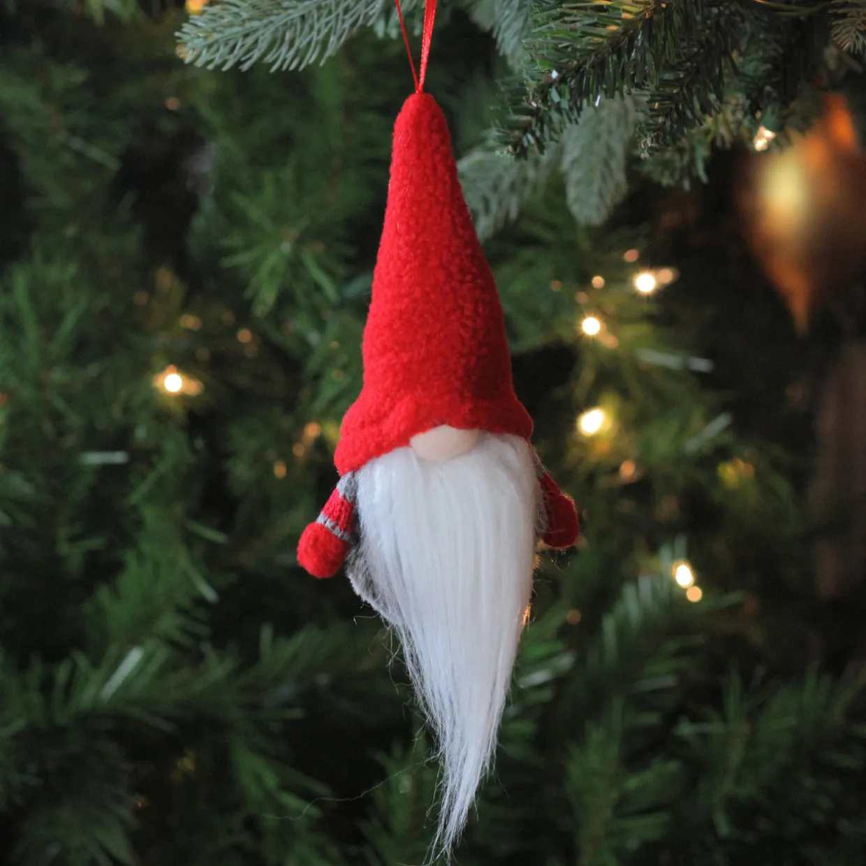 6” Tiny Gray and Red Striped Faux Fur Christmas Santa Gnome Ornament