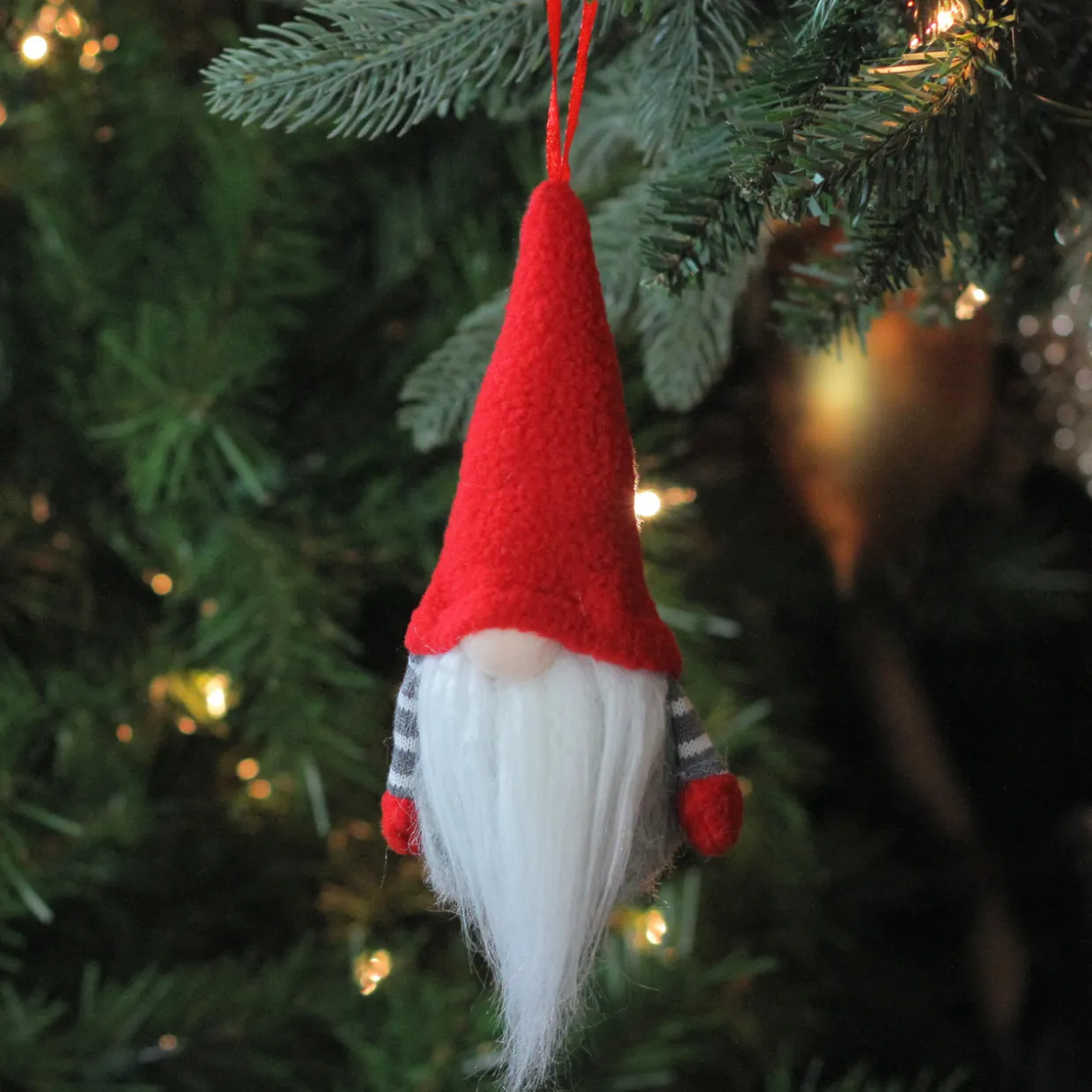 6" Tiny Gray Faux Fur Christmas Santa Gnome with Red Hat Ornament