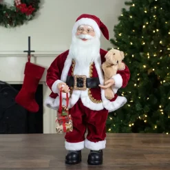 2' Traditional Santa Christmas Figure with a Plush Brown Bear