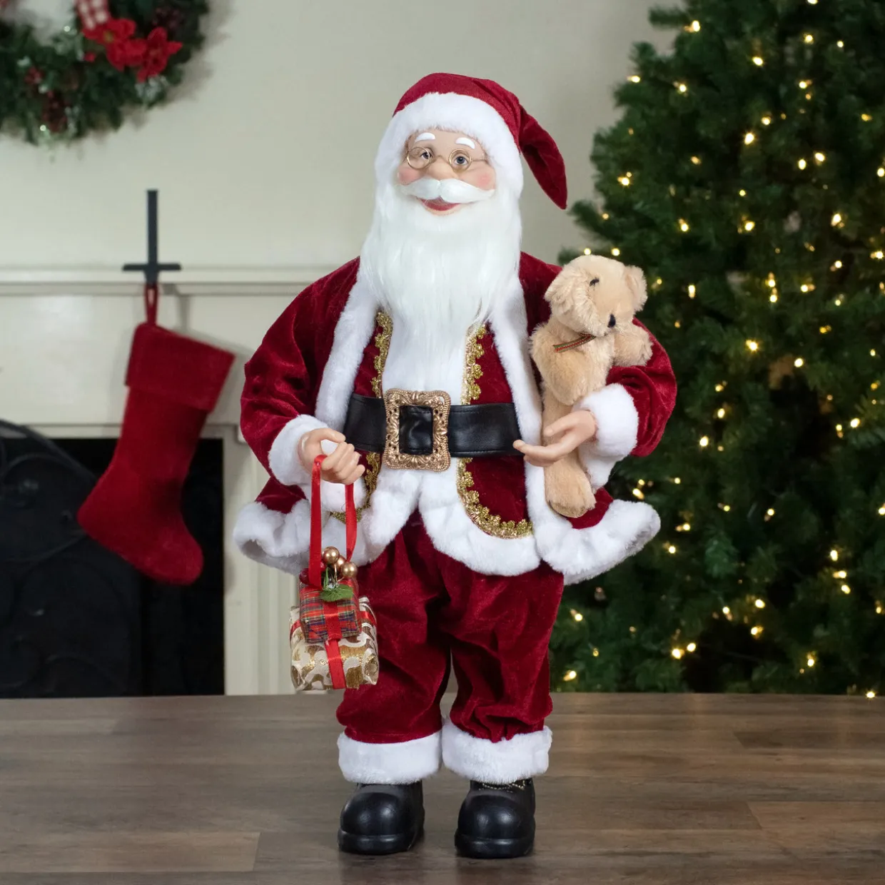 2' Traditional Santa Christmas Figure with a Plush Brown Bear