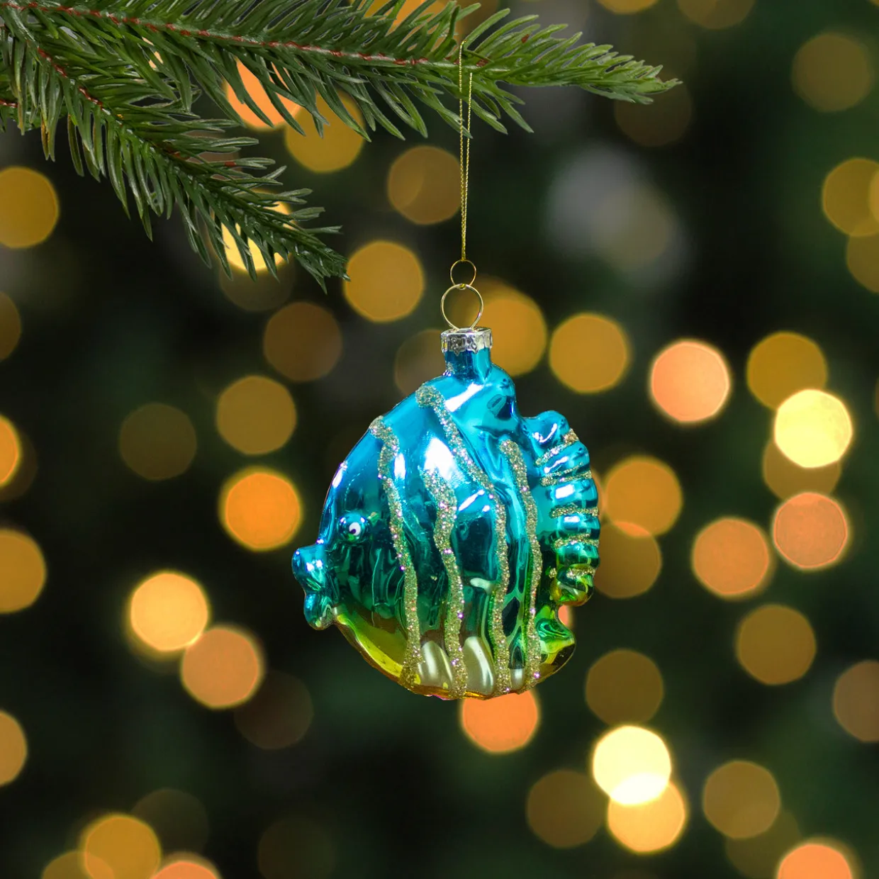 3" Turquoise and Gold Glass Fish Christmas Ornament