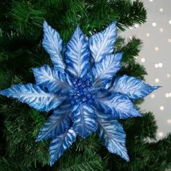 25" Two Tone Blue Glittered Poinsettia Christmas Stem Spray