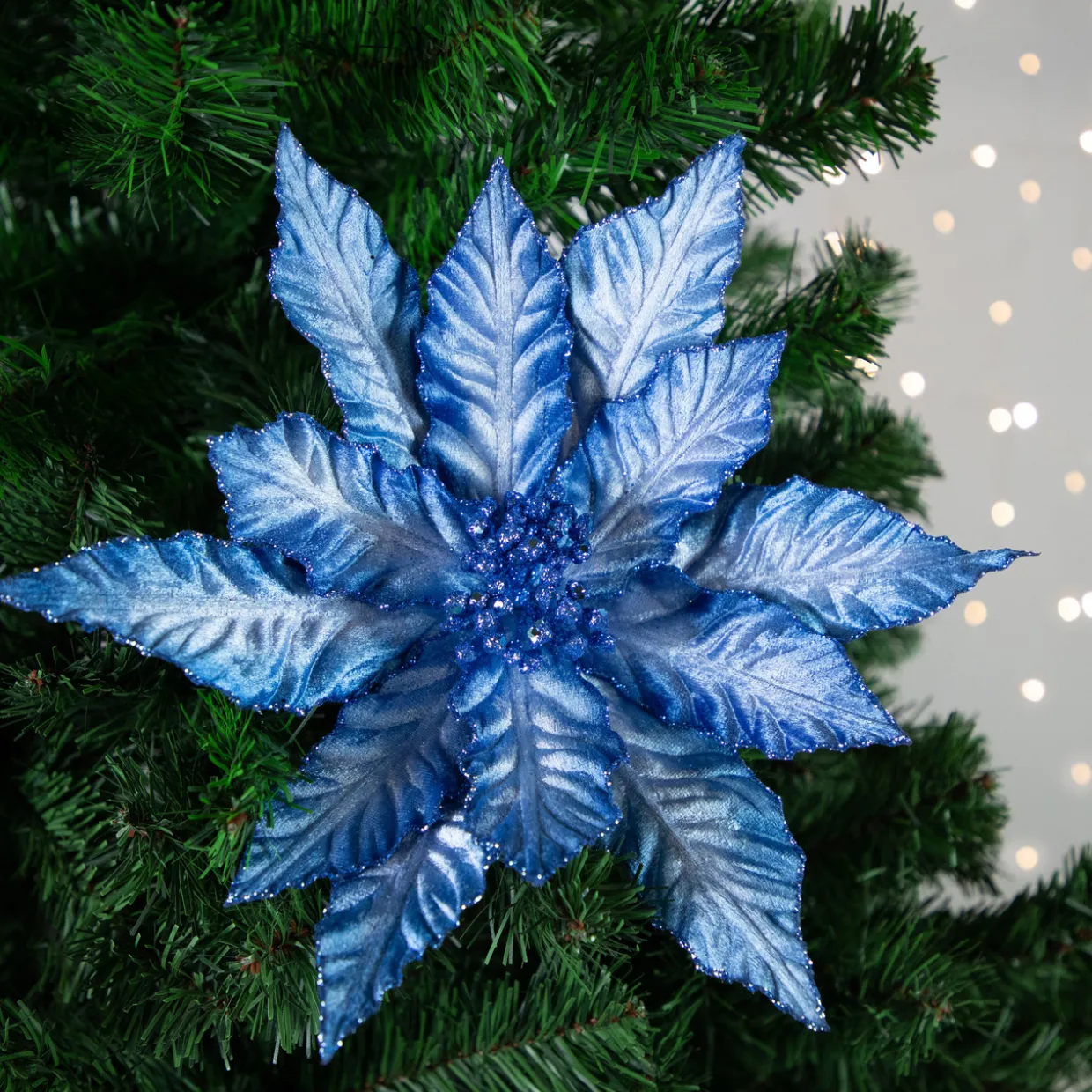 25" Two Tone Blue Glittered Poinsettia Christmas Stem Spray