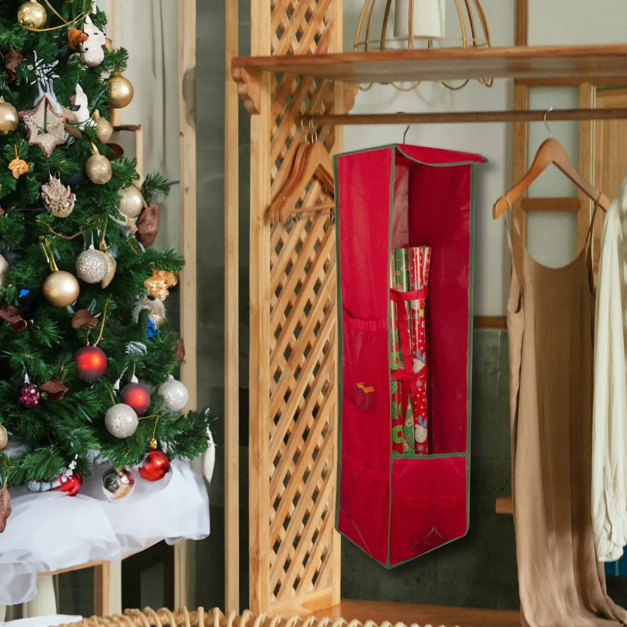 36” VerticalHanging Christmas Decoration Organizer Storage Bag - 36" - Red and Green