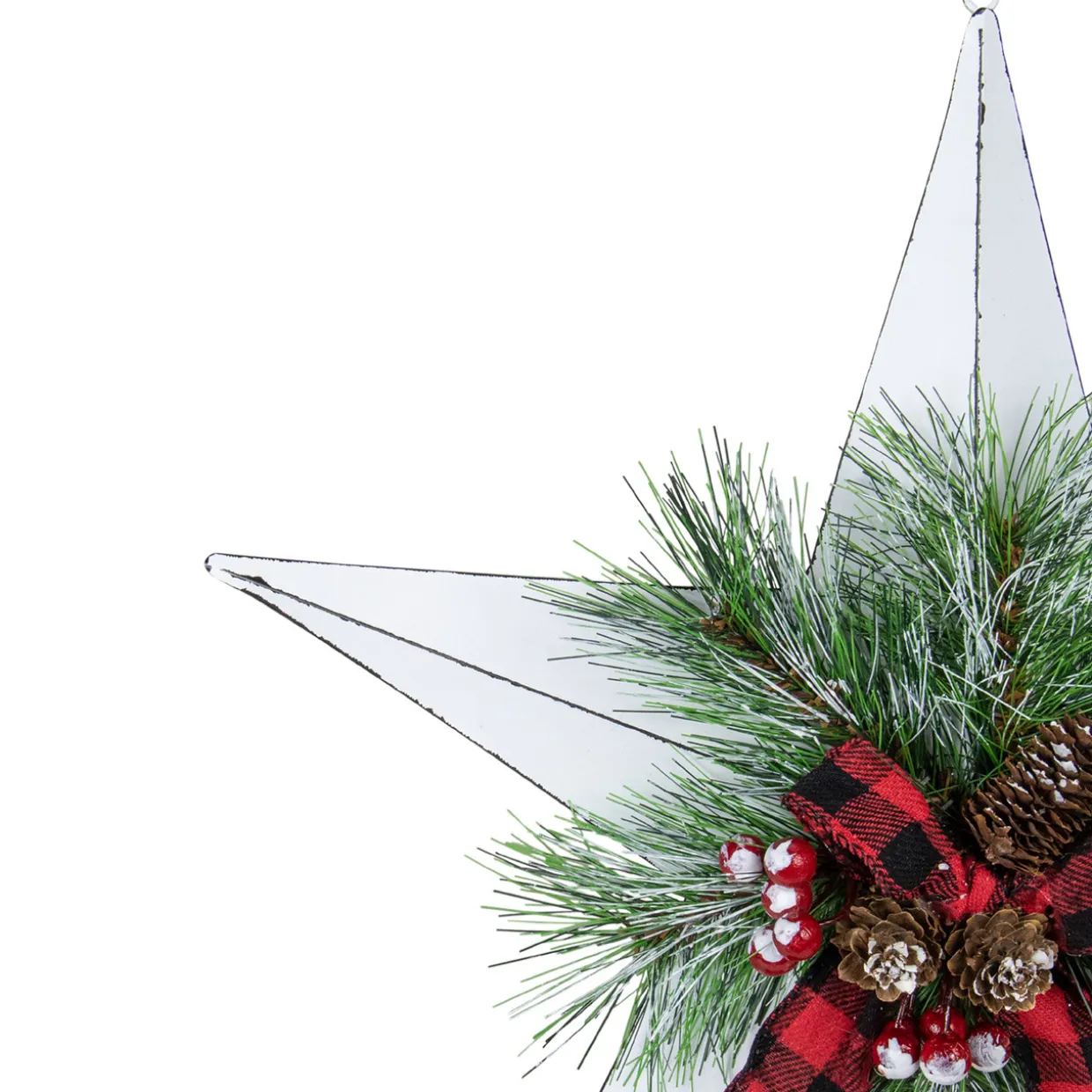 17" White 5 point Christmas Star With Plaid Ribbon with Artificial Pine