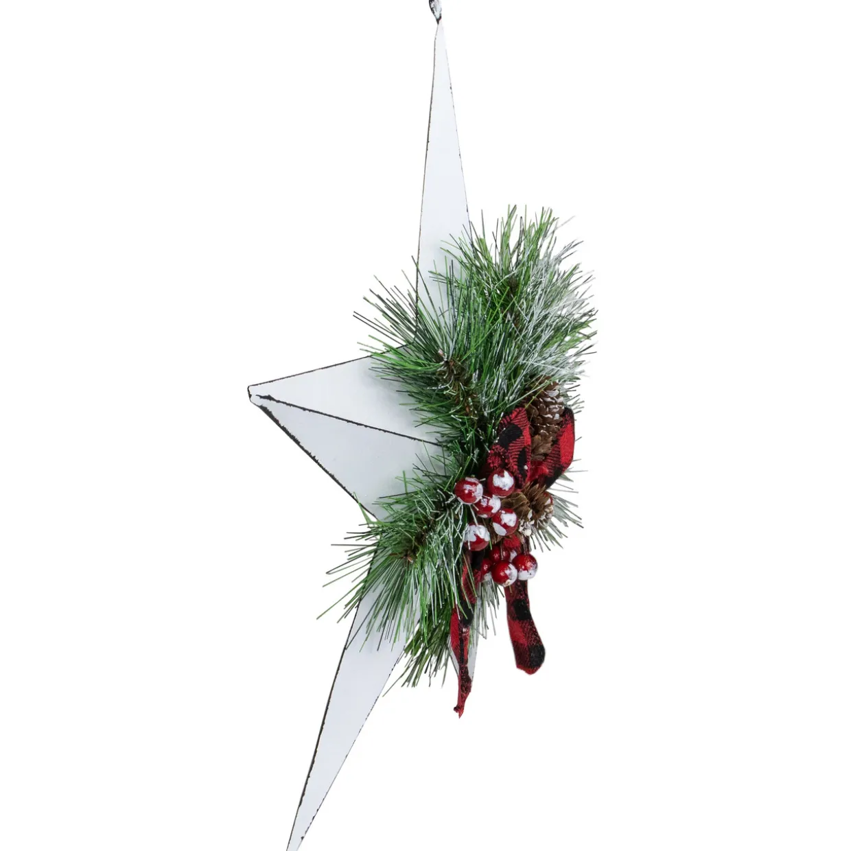 17" White 5 point Christmas Star With Plaid Ribbon with Artificial Pine