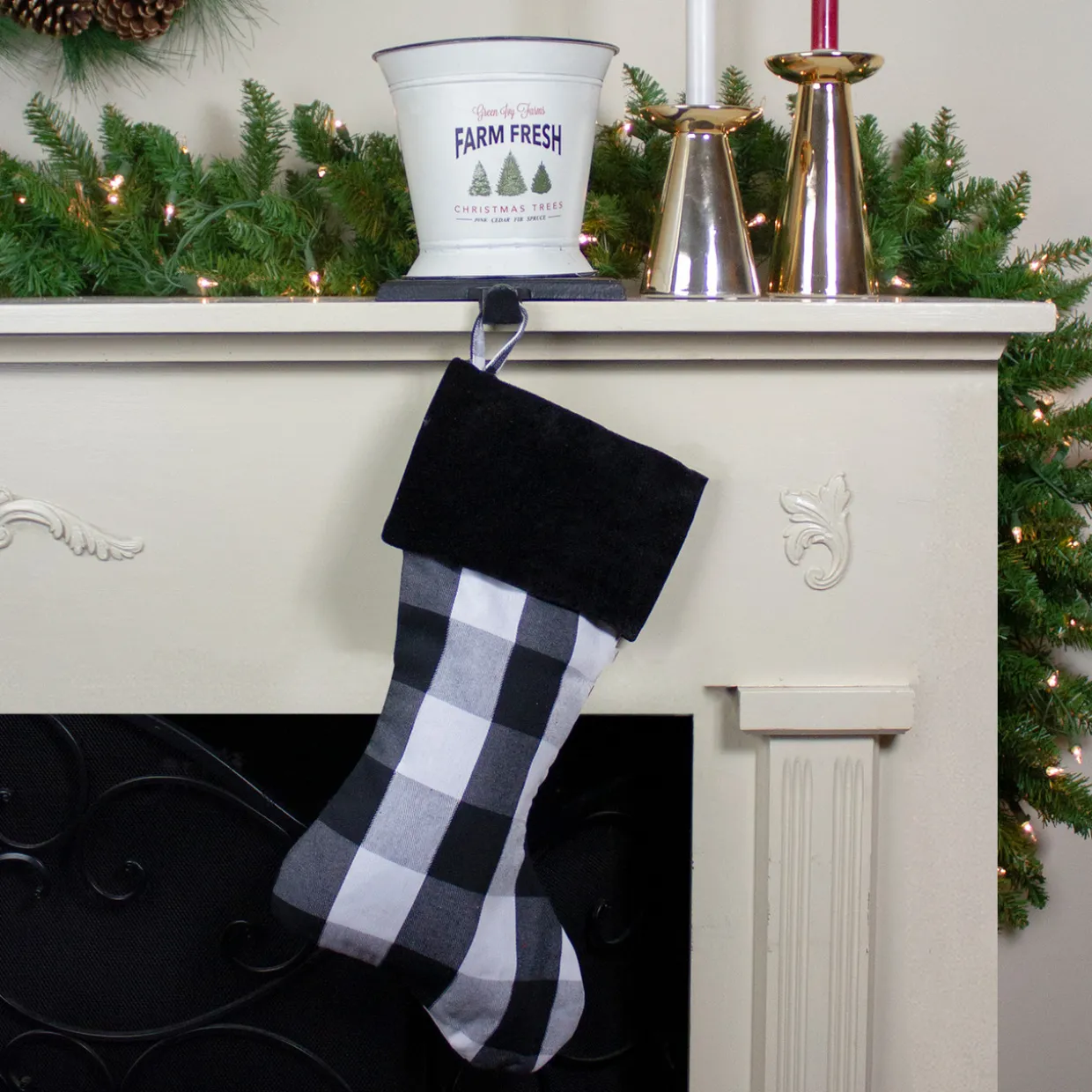 20" White and Black Buffalo Plaid Christmas Stocking with Cuff