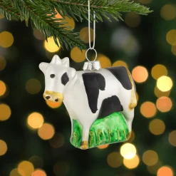3" White and Black Cow Glass Christmas Ornament