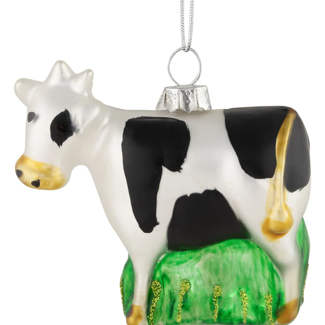 3" White and Black Cow Glass Christmas Ornament