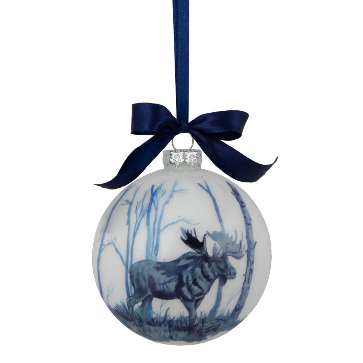4" White and Blue Moose Glass Christmas Ball Ornament