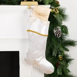 20.5" White and Gold Glitter Poinsettia Christmas Stocking